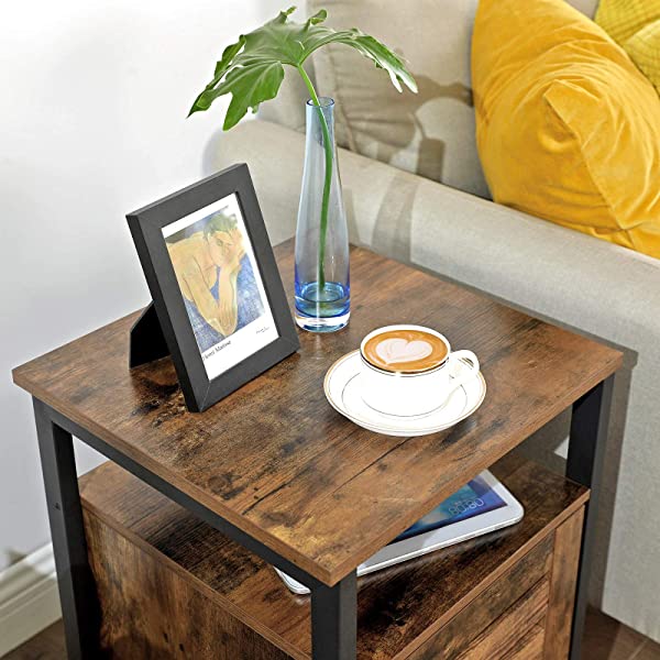 VASAGLE Nightstand, End Table with Open Shelf, Steel Frame, Bedroom, Industrial, Rustic Brown + Black